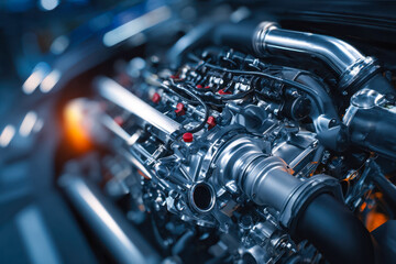 Fototapeta premium Close-up of a high-performance car engine showcasing intricate mechanical details and metallic components