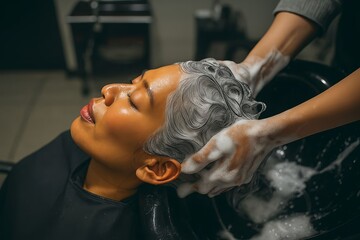 Naklejka premium Asian woman enjoying relaxing shampoo treatment at salon with professional stylist