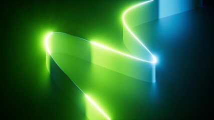 3D rendered animation of a curvy ribbon glowing with vibrant neon lights in a dark environment. Features a smooth blue-to-green gradient and a futuristic aesthetic. - Powered by Adobe