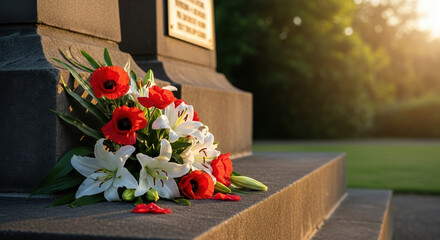 Remembrance Day flowers grace somber monument in gentle sunlight. Remembrance Day poppies and lilies laid at base of memorial honors those who served,