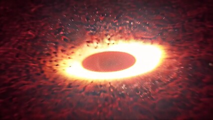 Cosmic impact;  a fiery, radiant ring erupts from a crater, surrounded by debris and streaks of incandescent material - Powered by Adobe
