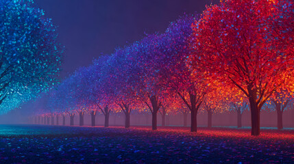 Vibrant autumn trees illuminated by colorful lights in a tranquil park at night