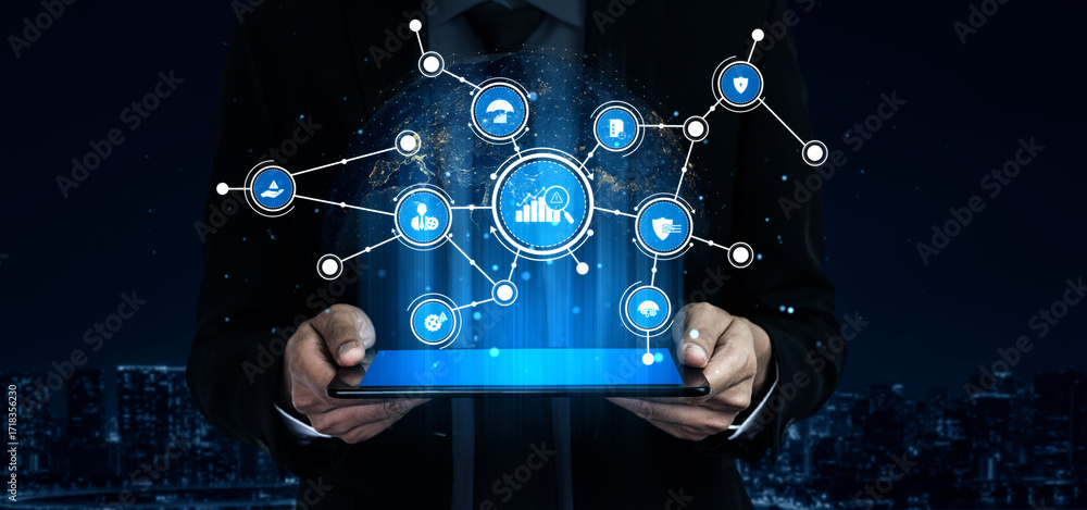 Poster a businessman holds a tablet displaying digital icons that symbolize data analysis and technology in