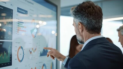 Adult man analyzing financial data, charts and graphs on interactive display with diverse group in modern office, business presentation. - Powered by Adobe