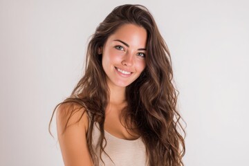 Fototapeta premium Smiling young woman with long wavy hair wearing casual sleeveless top against plain background.