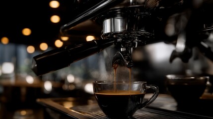 Espresso machine pouring rich coffee into black cup in modern cafe environment