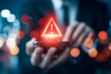 Businessman holding smartphone with glowing red warning alert symbol floating above the screen against blurred city lights at night, concept of digital security risk and urgent not