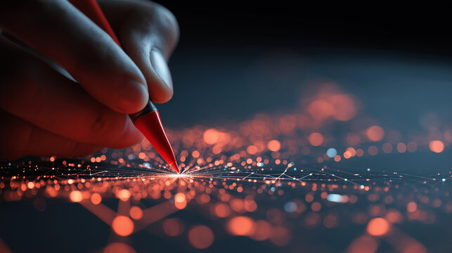 Hand using red stylus selecting glowing data nodes on digital interface, illustrating precision control, analytics, interaction, technology, insight, decisions, strategy. - Powered by Adobe