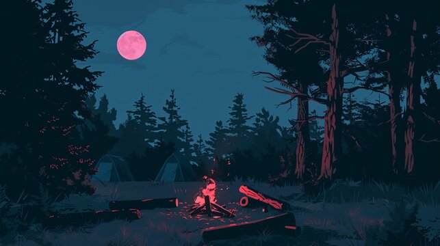 A person sits alone by a campfire in a forest at night under a full moon surrounded by tall trees and dense foliage.