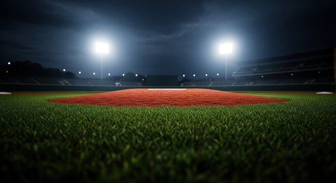 Low angle perspective of an empty professional baseball field and stadium illuminated by bright floodlights at night - Powered by Adobe