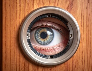 Human eye peering through a circular wooden door