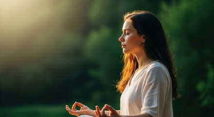 Serene woman practicing mindfulness meditation and yoga in a tranquil natural setting with golden sunlight