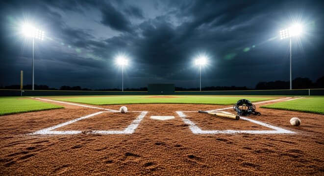 Dramatic view of an empty baseball diamond from home plate at night, with equipment under bright stadium lights