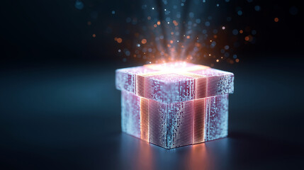 A holographic gift box pulsing with streams of futuristic digital data and glowing light.
