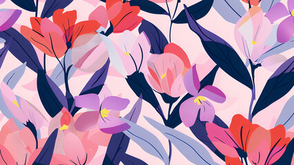 Pink, red, and blue flowers create pattern, featuring flat design and vibrant colors, useful for wallpaper, fabric, or artistic backgrounds.