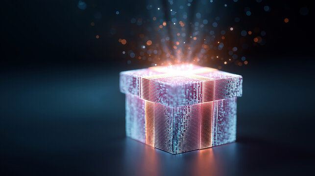 A holographic gift box pulsing with streams of futuristic digital data and glowing light.
