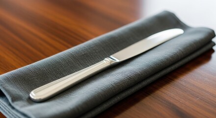 Elegant dining setup with silver knife placed on folded gray napkin over polished wooden table in sophisticated restaurant style
