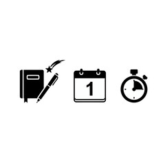 Vector art of calendar, notebook, pen, and stopwatch icons symbolizing time management, planning, and productivity for tasks