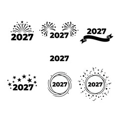 Vector art of collection of black 2027 new year icons for creating designs to celebrate the upcoming year with fireworks and stars