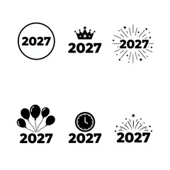 Fototapeta premium Vector art of set of black 2027 new year icons for creating designs to celebrate the upcoming year with balloons and clocks