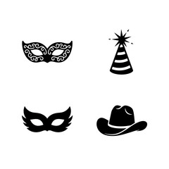 Vector art of collection of various party masks and hats includes masquerade mask, party hat, cowboy hat and eye mask