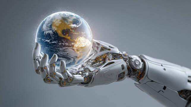 A robotic hand holding an AI-powered digital globe on a gray background symbolizing global technology, intelligent systems, advanced networks, and future innovation.