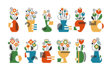 Colorful Bauhaus flower blooms bouquet in vase graphic floral geometric elements isolated set