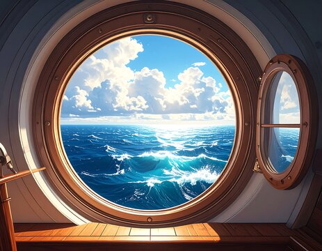 Ocean view from a ship's porthole - Powered by Adobe