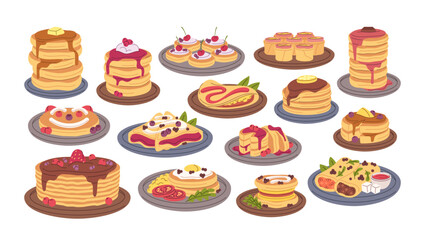 Pancakes aesthetic forms dish design collection served with butter, syrup, fruits and berries