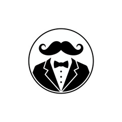 Vector art of gentleman avatar featuring a mustache, bow tie, and suit, perfect for a sophisticated profile or brand identity