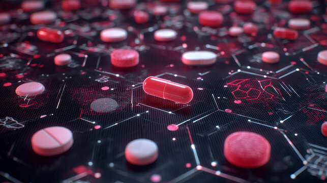 A glowing pills , capsules  and atomic grid displayed on a red immersive interface, symbolizing biotechnology, medicine, and futuristic healthcare innovation. - Powered by Adobe