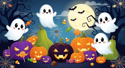 Naklejka premium Spooky Halloween vibes with cute ghosts, glowing pumpkins, and bats flying under a bright moon for festive holiday party invites and themed decorations
