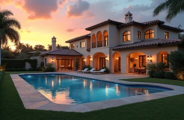 Luxurious Mediterranean mansion with pool at sunset. Warm evening light illuminates grand exterior, inviting backyard with landscaping, palm trees, seating areas. Elegant residential architecture