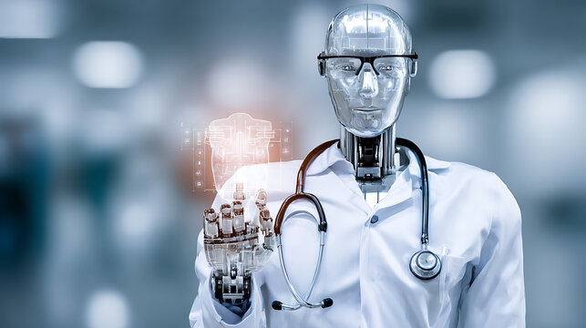 Robotic doctor with stethoscope holding a holographic heart in a medical setting