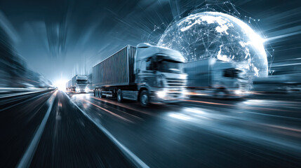 Futuristic freight trucks racing on a highway with a digital globe in the background