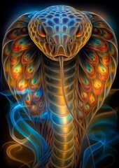 Smart phone sized artistic impression of a reptile snake in neon color surrounded in a smokey haze, graphic highlighters lines rainbow ultra-bright neon artistic portrait, black background
