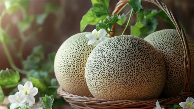 Cantaloupe melons in wicker basket