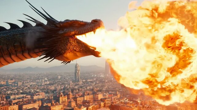 A fierce dragon breathes fire over a city at dusk, its scales and spikes gleaming as buildings burn below.