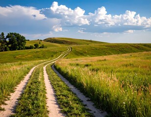 Obraz premium Winding country road through a grassy landscape under a partly cloudy sky