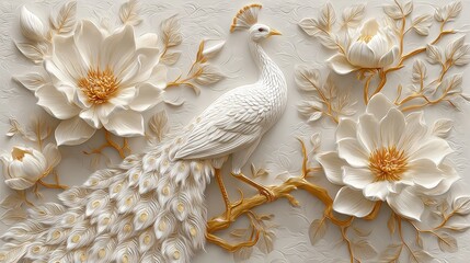 Intricate floral designs in gold and cream tones beautifully surround a white peacock in this stunning relief artwork