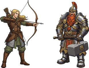 Elf archer with bow and dwarf warrior with hammer in medieval fantasy armor, heroic character design for game, story, concept art © Shariyar Pantho