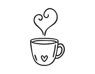 Small cup with heart steam, hand drawn doodle, line art, monochrome, hand drawn