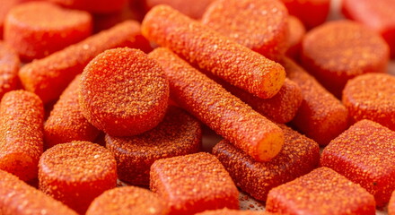 Assorted red chili coated tamarind candies in different shapes closeup