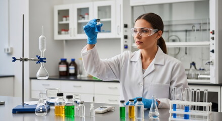 A female scientist in a lab coat and gloves, holding a small vial, examining it in a laboratory setting.