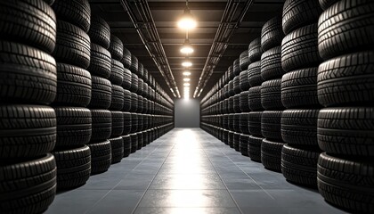 Tire Storage Warehouse Tires stacked with indoors, and commercial background.