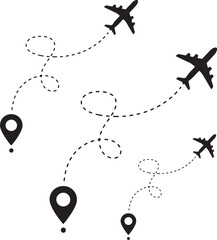 Airplane flight route with a start point pin. Travel by air concept, plane path with a destination mark. Airline journey and vacation trip. 