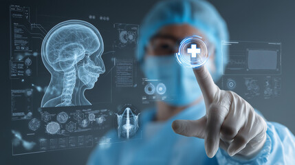 A medical worker touches a virtual interface displaying  brain anatomy, symbolizing digital healthcare innovation and medical revolution.
