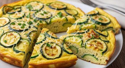 Homemade zucchini frittata with cheese and herbs on plate