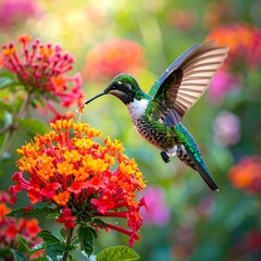 Fototapeta premium Vibrant hummingbird in flight, surrounded by colorful flowers