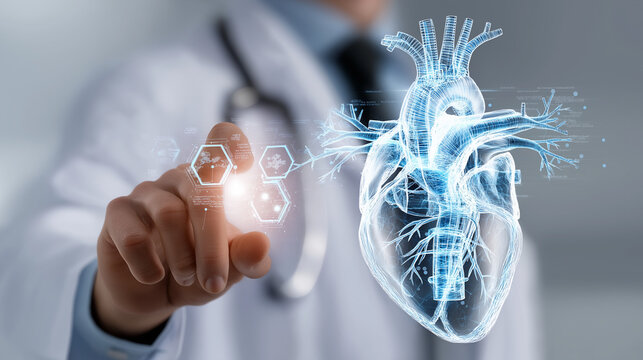 A medical worker touches a virtual interface displaying heart  anatomy, symbolizing digital healthcare innovation and medical revolution.